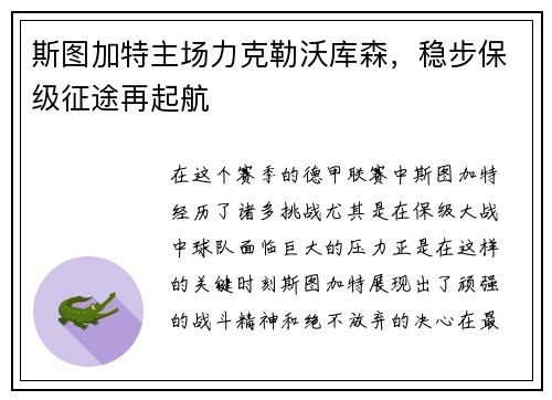 斯图加特主场力克勒沃库森，稳步保级征途再起航